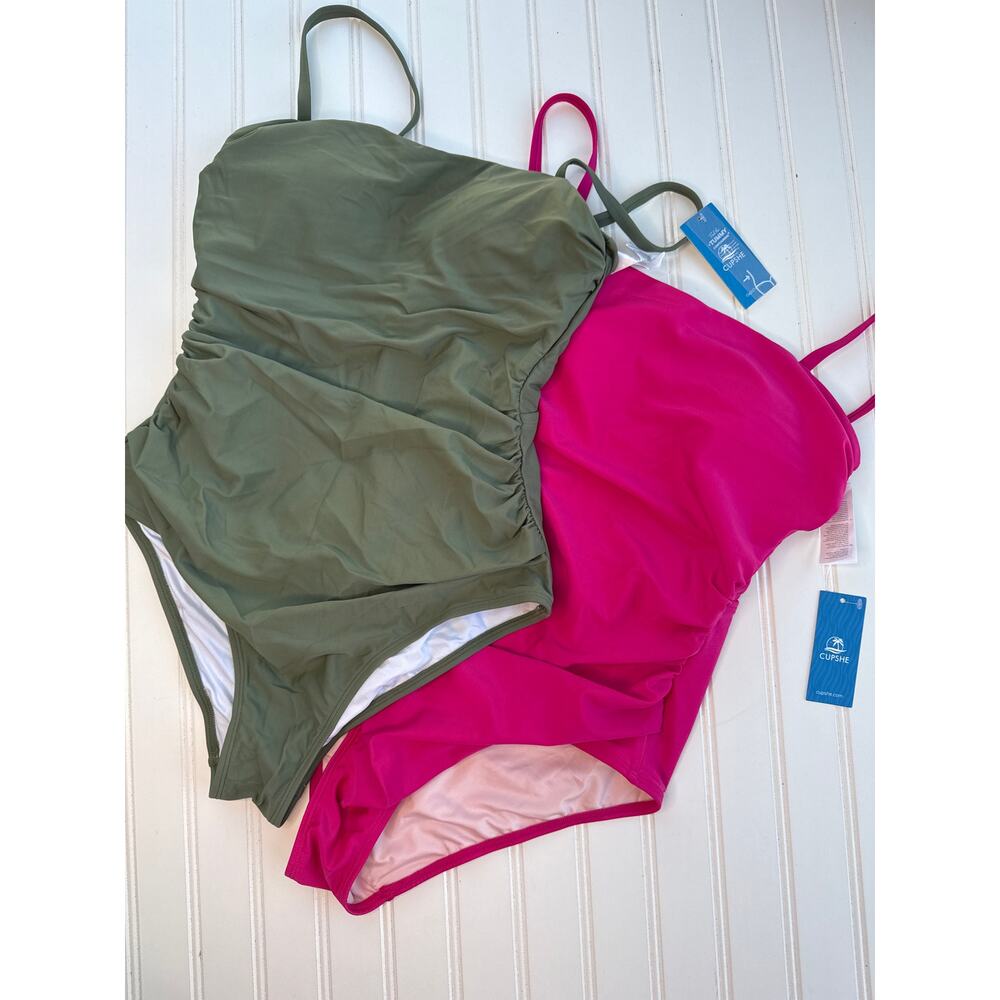 NWT Cupshe Lot of 2 One Piece Swimsuit Green Pink Square Neck Swim Bundle Sz M